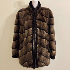 Genuine Sheared Beaver Fur Black Brown Striped Zip Front Fur Coat Made in Canada